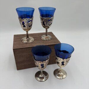 4 VTG American Cut Crystal Cobalt Blue Cordial Glasses Filligree Silverplate